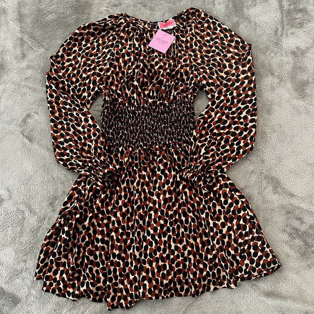 NWT Kate Spade Dotty Leopard Spin Dress Women's XS Animal Print Mini Long Sleeve